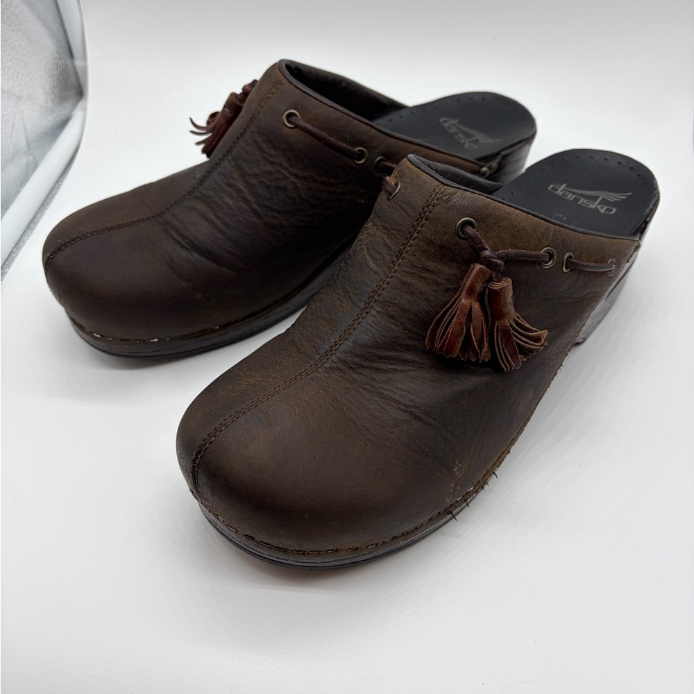 Dansko Brown Leather/Fabric Clog Shoes. Women's Size 41 US 10.‎